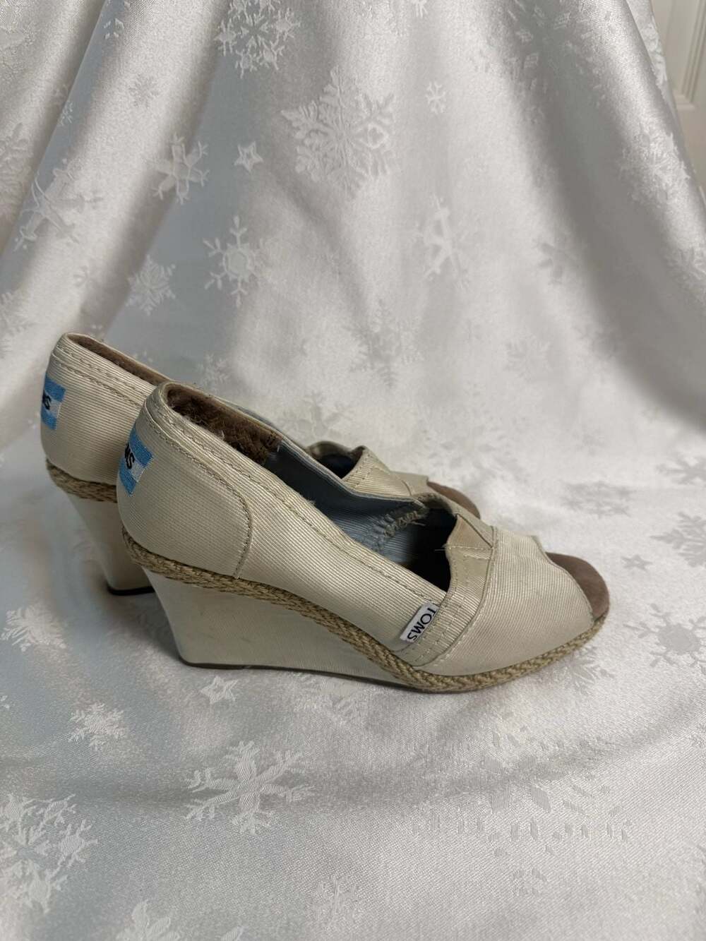TOMS Beige Canvas Espadrille Peep Toe Wedge Heels